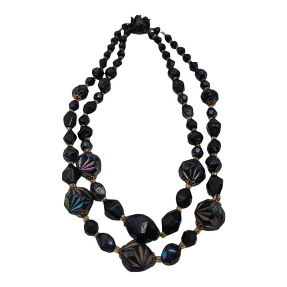Vintage Western Germany Double-Strand Black Iridescent Bead Necklace Box Clasp - Picture 8 of 9